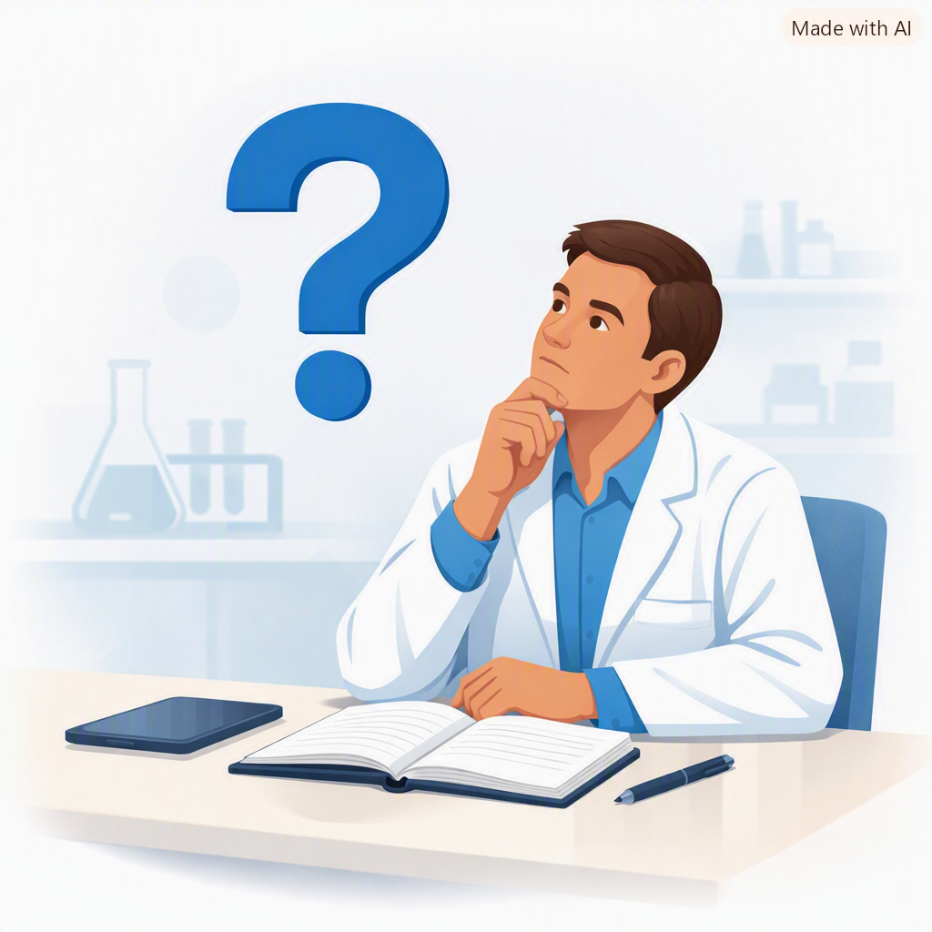 A scientist in a lab coat considering a large question mark—the one question that matters when choosing an ELN